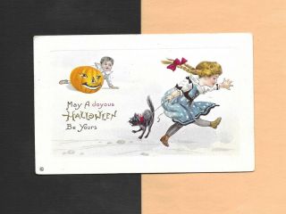 Boy Plays Jol Prank,  Frightened Girl & Black Cat Vintage 1913 Halloween Postcard