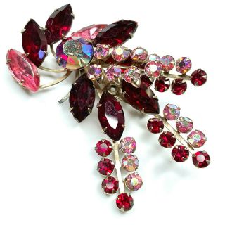 Unsigned Beau Jewels Vintage Ruby Red Ab Rhinestone Flower Brooch Pin 958