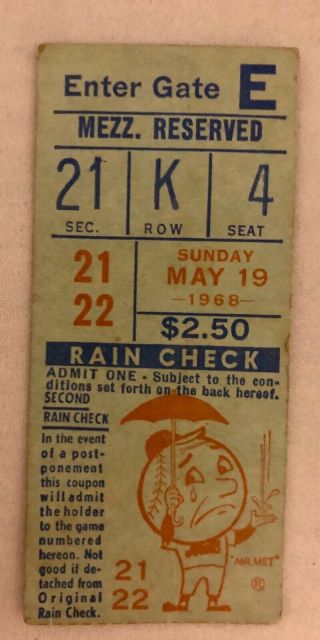 May 19,  1968 York Mets Vs Atlanta Braves Ticket Stub Double Header At Shea
