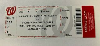 Albert Pujols 500th Home Run Game Full Ticket Angels V Nationals 4/22/14