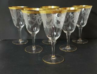 Set Of 6 Antique 1920 Cambridge Glass Etched Gold Wine Glasses