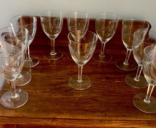 Vintage Crystal Wine Glasses Etched With Leaves.  Set Of 9