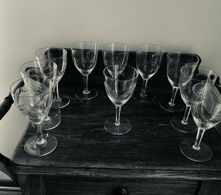 Vintage Crystal Wine Glasses Etched With Leaves.  Set of 9 3