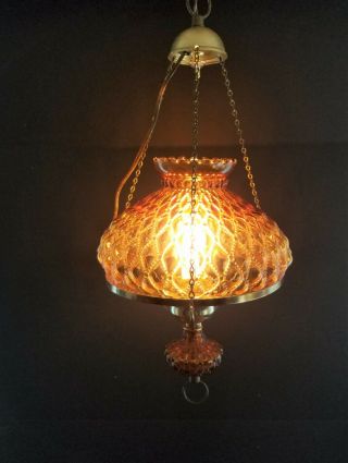 Vintage Quilted Amber Glass Hurricane Hanging Ceiling Lamp Light Hardwire