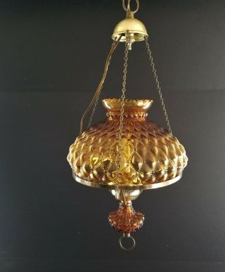VINTAGE QUILTED AMBER GLASS HURRICANE HANGING CEILING LAMP LIGHT HARDWIRE 2