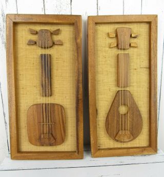 Enesco 2 Vintage Mid Century Wood Wall Art Guitar String Instruments