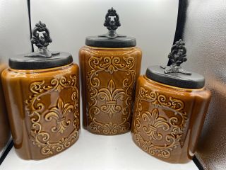 American Atelier Canisters Brown Antique Embossed " Fleur De Lis " French Country