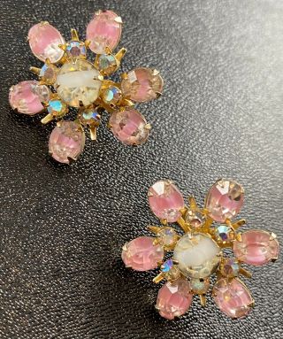 Coro Vintage Screw Back Earrings Large Pink Flowers Givre Glass Rhinestones Lot3