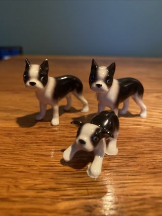 3 - Vintage Boston Terriers Ceramic Figurines Black & White Adorable