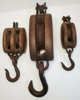 3 Antique Wood & Iron Block & Tackle Farm Star Pulleys W Hook Barn Country Decor
