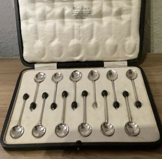 Antique Art Deco 1923 Boxed Set Of 12 Hallmarked Silver Coffee Bean Spoons H&h.