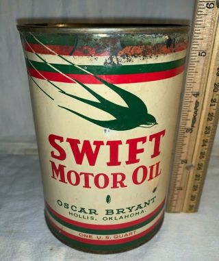 Antique Swift Motor Oil Tin Litho 1qt Can Hollis Ok Bird Swallow Gas Station Car