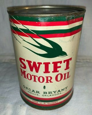 ANTIQUE SWIFT MOTOR OIL TIN LITHO 1QT CAN HOLLIS OK BIRD SWALLOW GAS STATION CAR 3