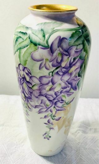 Hand Painted Austrian Porcelain Vase Floral Purple Wisteria Green Vines Gold Rim