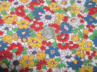Vintage Partial Feedsack: Yellow,  Blue,  Red,  And White Flowers W Green Foliage