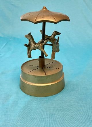 Vintage Solid Brass Music Box Carousel Horses On A Pole