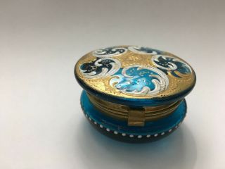 Antique Moser? Bohemian? Blue With Gold & White Enamel Hinged Box Stunning