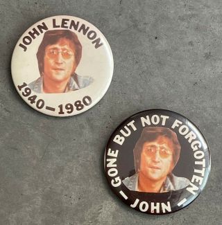 Vintage 1980 John Lennon Two Button Set Memorial Pins Tribute Badges Beatles Rip