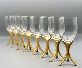 Rare Vintage Mcm Fostoria Triumph Wine Glasses Gold Base Crystal Stemware Set 8