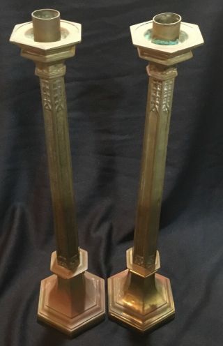 Pair Antique Gothic 18” Tall Brass Candlesticks Holders Church Altar Mantel Goth
