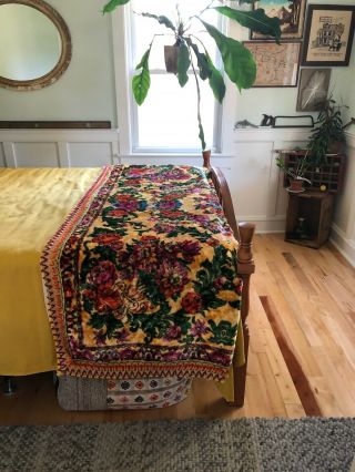 Vintage 1960s Bedcover Quilt Velvet Chenille Italian Floral Tapestry Boho Twin
