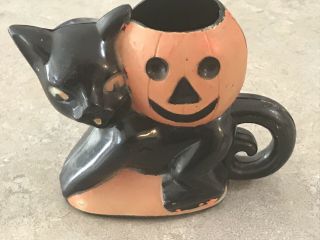 Vintage Rosbro Halloween - Black Cat With Pumpkin Candy Container - 1950 