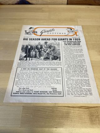 Vintage December 1,  1958 Giants Jottings Baseball Newsletter - Candlestick Park