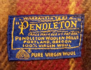 Vtg Pendleton Wool Throw Stadium Blanket Red/Gold/Brown Plaid Fringe 50 