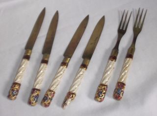 2 Forks 4 Knives Vintage Antique Porcelain Handle Decorative Brass Austria
