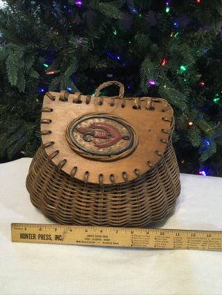Vintage Woven Wicker Fishing Creel Basket Carved Wood Carved Fly Fishing Lid