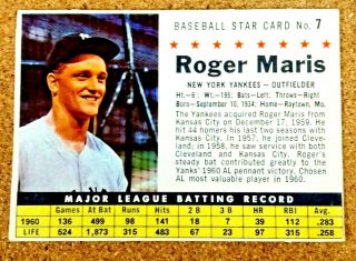 Roger Maris 1961 Post Cereal Baseball Card 7 Vintage 61 York M.  V.  P