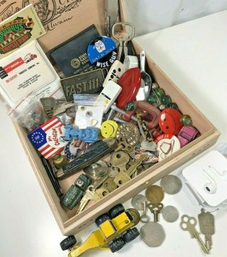 Vtg Junk Drawer Cigar Box Key Toy Car Button Pin Marble Knife Trinket Findings