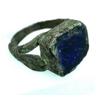 Ancient Islamic Ring Glass Blue Antique Bronze Old Artifact Solid Beauty