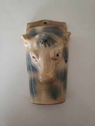 Vintage Ceramic/pottery Bull/steer/cow Head Wall Pocket Vase - Blue & White