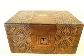 Antique Tunbridge Ware Wooden Box With Inlay And Relined Interior