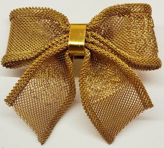 Vintage Large Floral Embossed Golden Mesh Bow Brooch With Goldtone Metal Tie