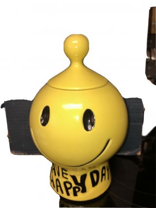 Vintage Mccoy Yellow " Have A Happy Day " Smiley Face Cookie Jar