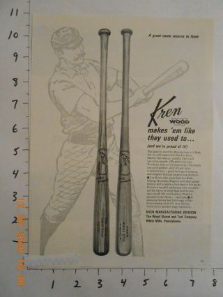1964 Kren Mfg Co White Mills Pa Mickey Mantle Baseball Bat Ad Nyy Tony Kubek