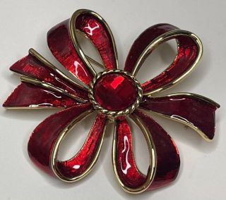 Vintage Red Enamel Rhinestone Ribbon Bow Brooch Pin Christmas Holiday