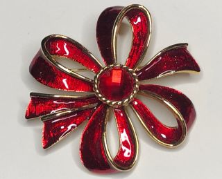 Vintage Red Enamel Rhinestone Ribbon Bow Brooch Pin Christmas Holiday 2