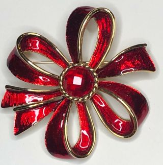 Vintage Red Enamel Rhinestone Ribbon Bow Brooch Pin Christmas Holiday 3