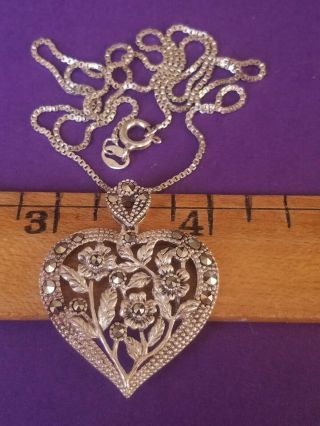 Elegant Vtg Lenox Sterling Silver Marcasite Openwork Heart Pendant Necklace 18 "