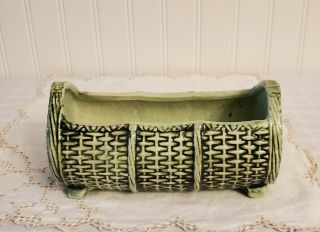 Vintage 1956 Mccoy Pottery Planter Green Footed Basket Weave Design.  Retro Mcm