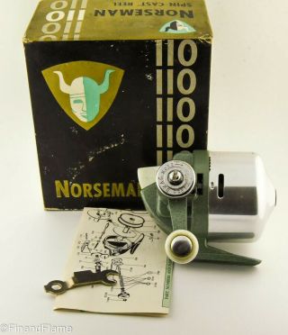 Vintage Norseman 110 Antique Closed Face Spinning Fishing Reel Box Papers Jj34