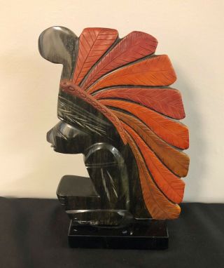 Vintage Carved Stone Statue Soapstone? Feathered Headdress Incan Mayan