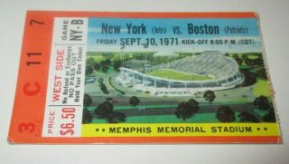 1971 York Jets Vs.  Boston Patriots Ticket Stub - 9/10/71 Liberty Bowl Game