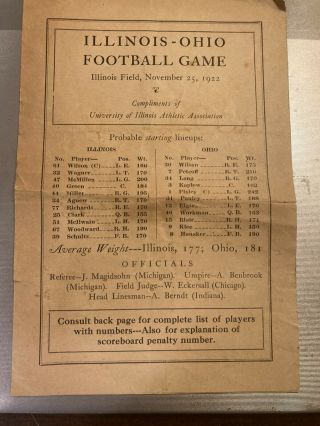 1922 Illinois - Ohio Football Game Program