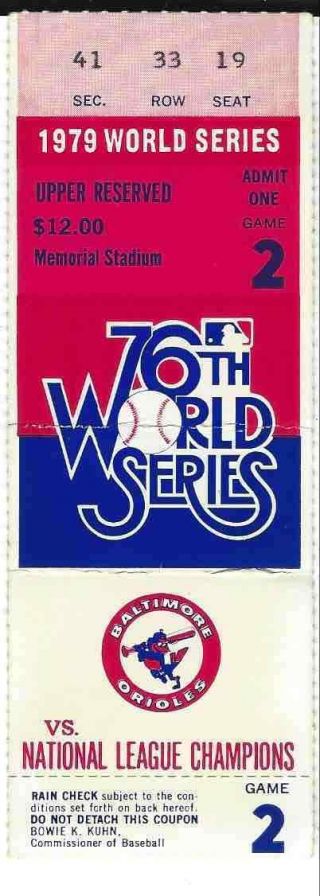 76th World Series 1979 Game 2 Ticket Stub Pittsburgh Pirates Baltimore Orioles