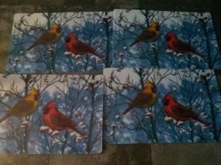 Vintage Placemats Set Of 4 Laminated Winter Cardinal Birds Vinyl Placements