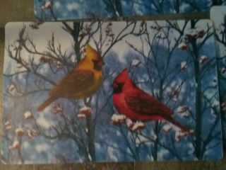 Vintage Placemats set of 4 Laminated Winter Cardinal Birds vinyl placements 2